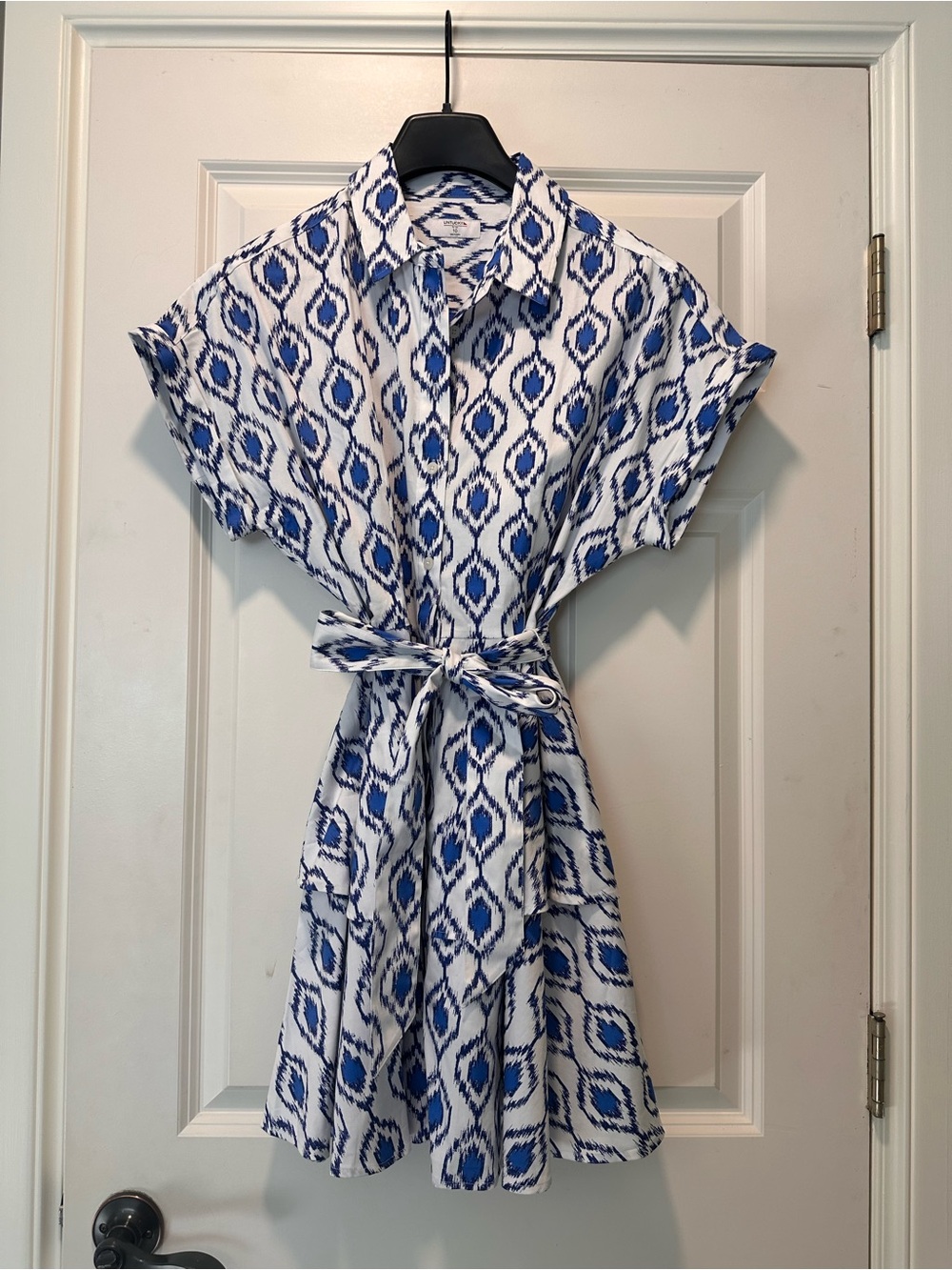 UNTUCKit White Dress with Blue Ikat Print and Tie Waist